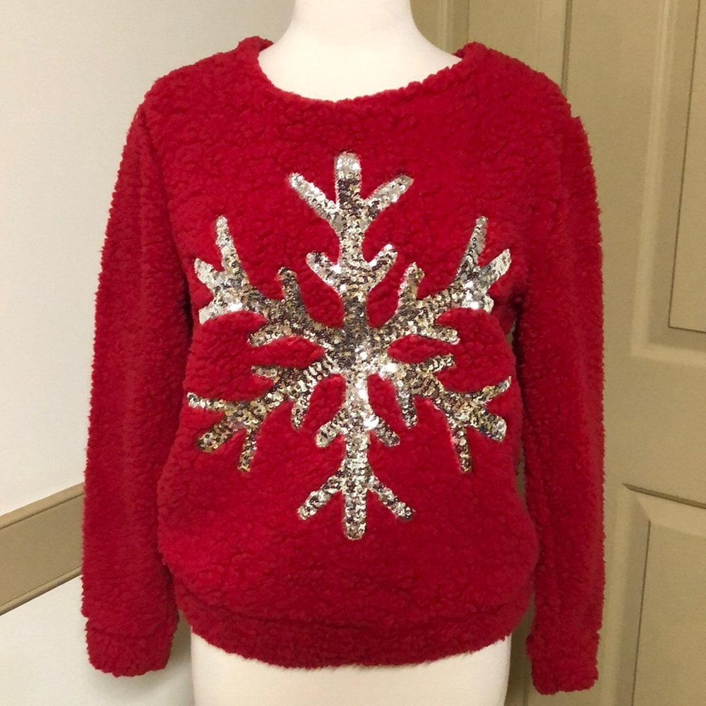 NEW Soft fluffy red sparkly snowflake sweatshirt M